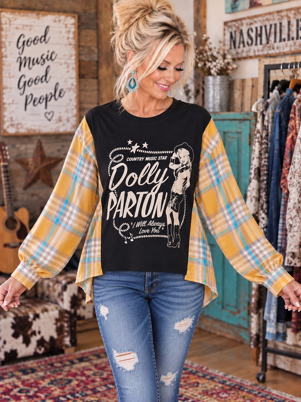 Black Dolly Graphic Top with Yellow Plaid Flannel Sleeves